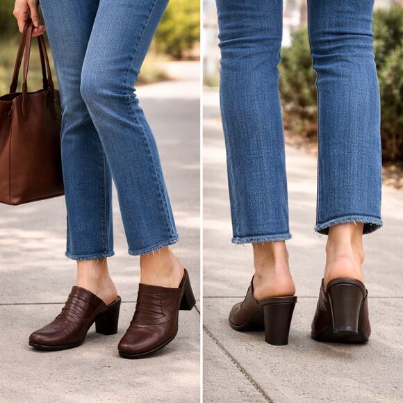 Clarks Bendables Brown Leather Mule Heels Women’s Size 7M Comfort Clogs